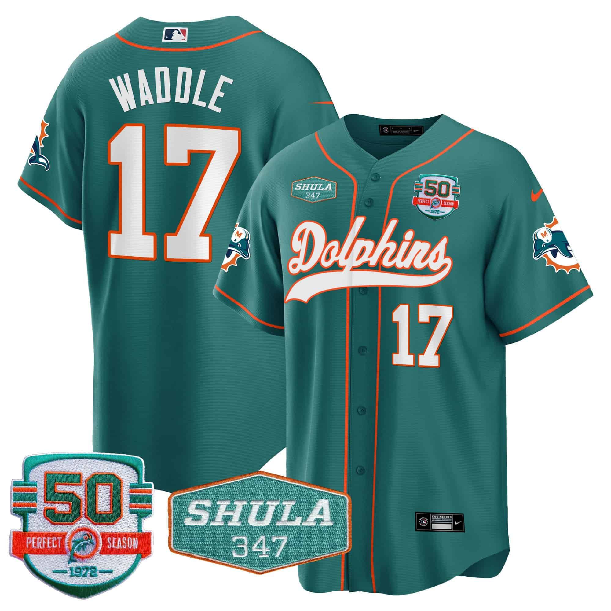 Men Miami Dolphins 17 Waddle Green 2024 Nike 50th Don Shula Memorial Patch Baseball NFL Jersey style 1